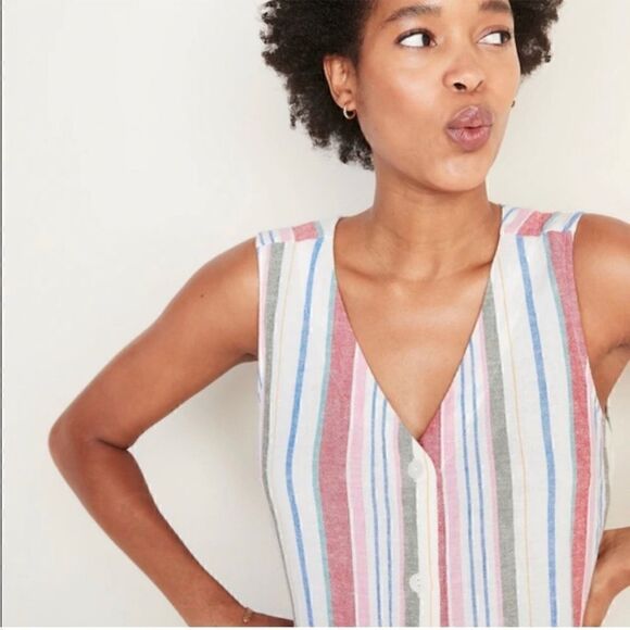 NWT Old Navy Striped Button-Front Linen-Blend Fit & Flare Dress for Women - Picture 2 of 4